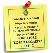 RIAPERTURA TERMINI PROCEDURA DI MOBILITA' VOLONTARIA PER LA COPERTURA DI UN POSTO DI ISTRUTTORE TECNICO GEOMETRA  - CAT. C -  SCADENZA 18 OTTOBRE 2019.