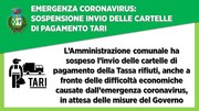EMERGENZA CORONAVIRUS: SOSPENSIONE INVIO DELLE CARTELLE DI PAGAMENTO DELLA TARI