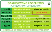 ECOCENTRO: DA LUNEDÌ 29 MARZO TORNA IL CONSUETO ORARIO ESTIVO