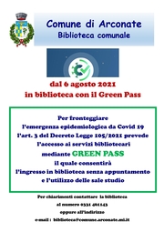 BIBLIOTECA COMUNALE: SI ACCEDE SOLO CON GREEN PASS