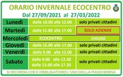 ECOCENTRO: DA LUNEDÌ 27 SETTEMBRE TORNA IL CONSUETO ORARIO INVERNALE